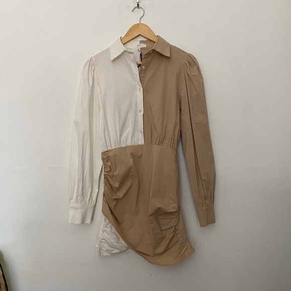 Klesis Tan and White Button Front Long Sleeve Ruched Mini Dress - Picture 1 of 5